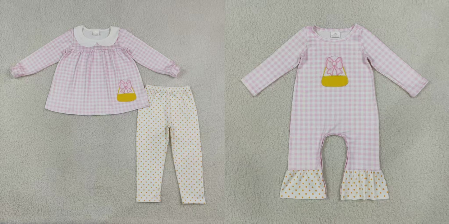 Sibling Baby Girls Kids Embroidery Halloween Bows Candy Pink Plaid Romper Set Halloween Clothes RTS