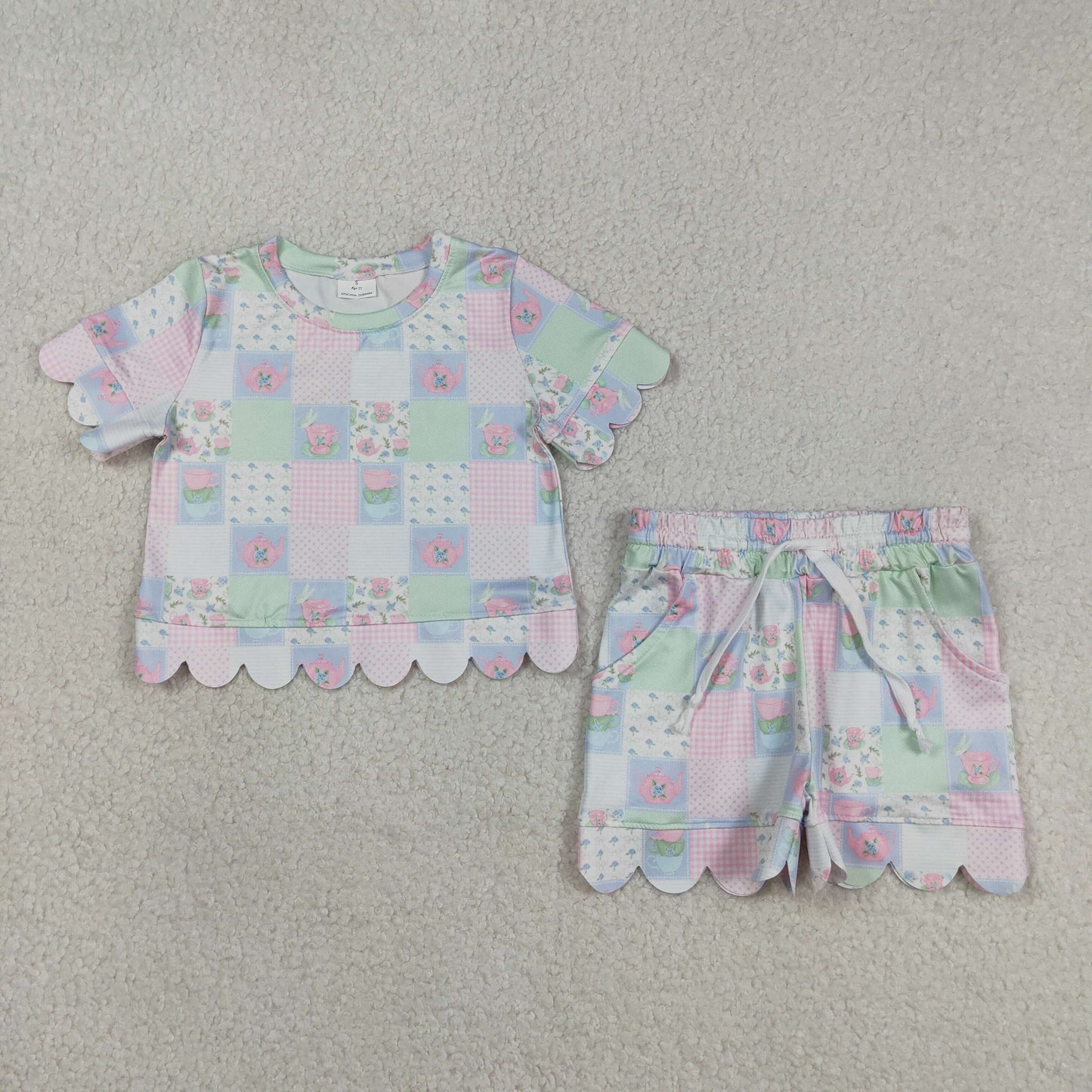 Baby Girls Kids Short Sleeves Flower Plaid Shirt Scallop Shorts Clothes Set RTS