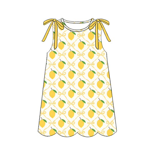 ( Moq 5 )  Preorder Baby Girls Kids Sleeveless Yellow Bows Lemons Scallop Knee Length Dress