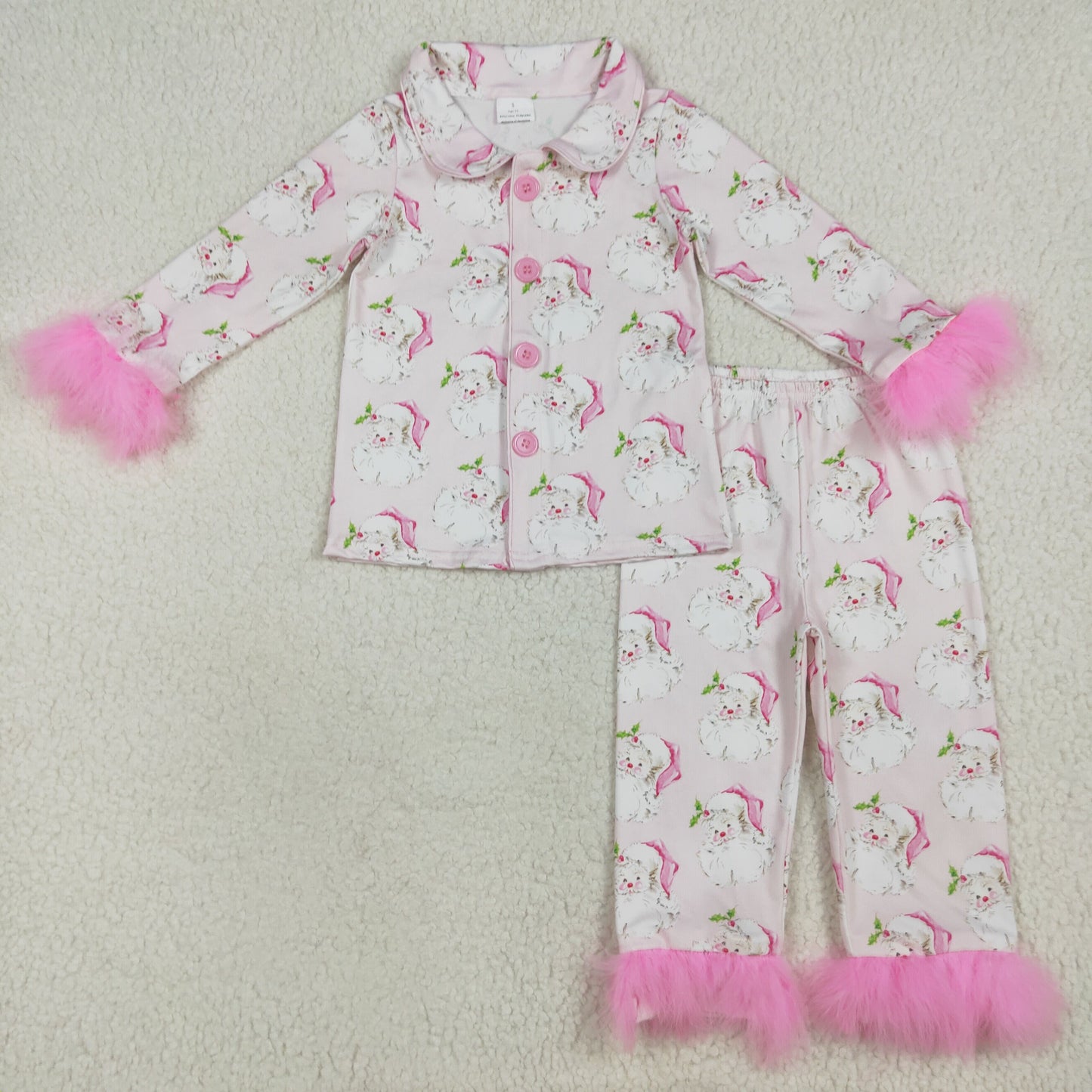 Baby Girl Pink Fur Long Sleeves Santa Buttons Shirt Pants Pajamas Christmas Set RTS