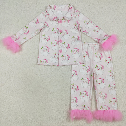 Baby Girl Pink Fur Long Sleeves Santa Buttons Shirt Pants Pajamas Christmas Set RTS