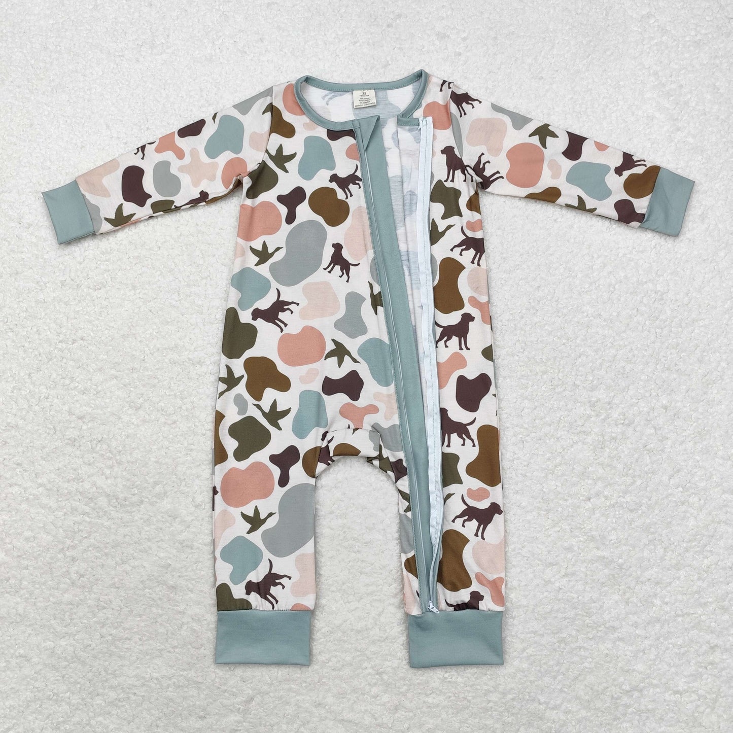 Baby Boy Long Sleeves Camo Dogs Duck Zipper Bamboo Romper