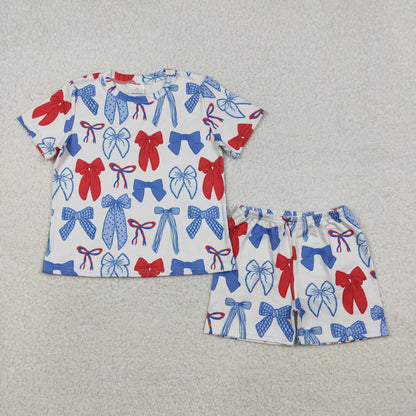 Sibling Baby Girls Short Sleeves Bows Shirts Shorts 4th Of July Pajamas Sets RTS