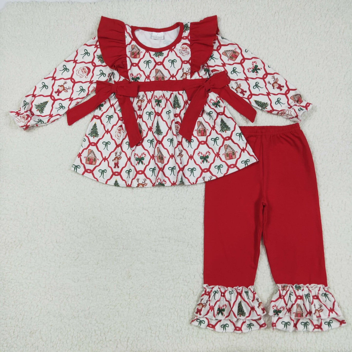 Baby Girl Long Sleeves Christmas Santa Bows Tunic Red Ruffle Pants Set RTS