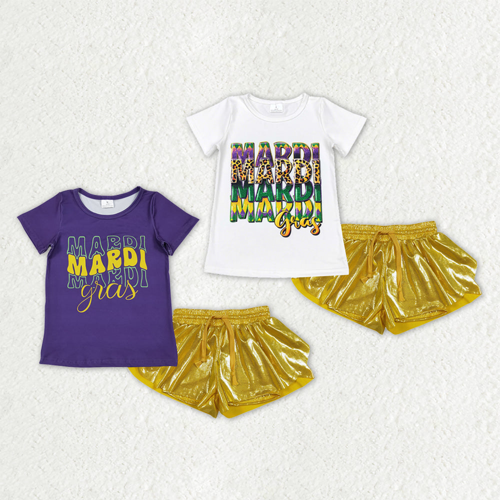 Sibling Baby Girls Short Sleeves Mardi Gras Shirts Ruffle Shorts Sets Clothes RTS