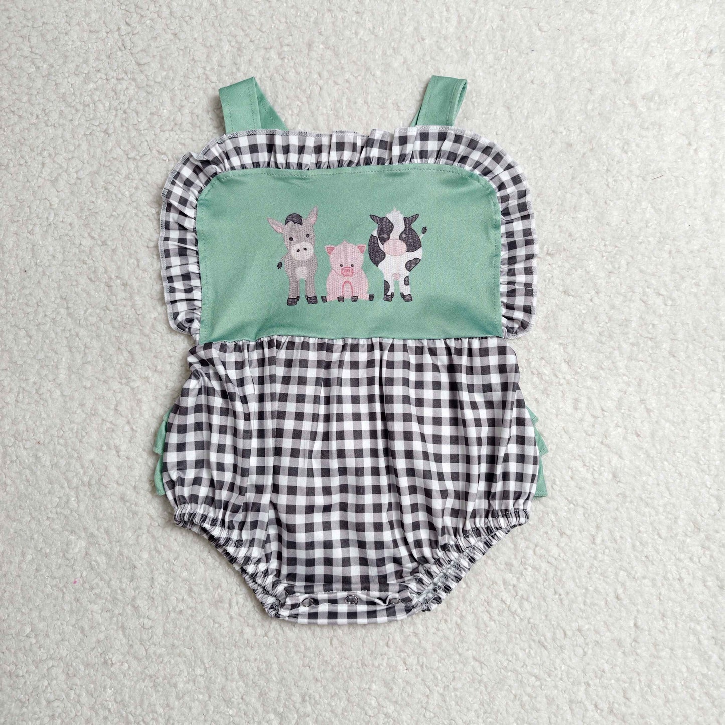 Baby Girls Infant Sleeveless Farm Animals Plaid Ruffle Bubble Romper RTS