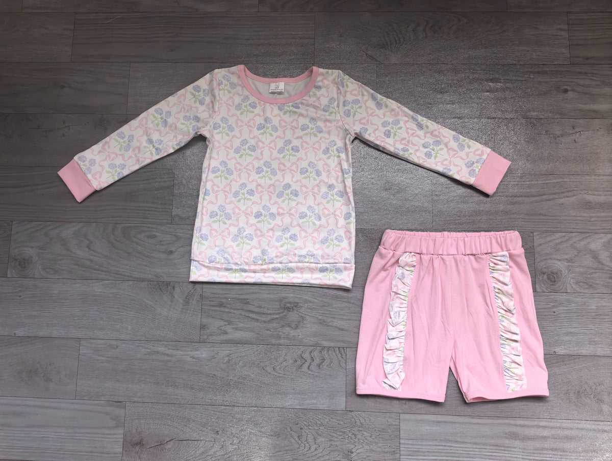 ( No moq ) Preorder Girls Kids Long Sleeves Flower Bows Shirt Pink Ruffle Shorts Clothes Set