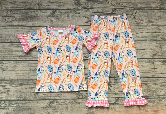 No Moq Pre-order GSPO1253 Easter Baby Girl Short Sleeves Dogs Eggs Carrot Shirt Pants Set Pajamas