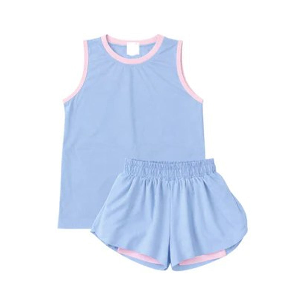 ( Moq 5 ) Preorder Baby Girls Kids Sleeveless Blue Tops Ruffle Shorts Set Yoga Active Clothes