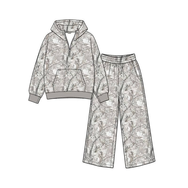 ( Moq 5 ) Preorder Baby Girls Kids Long Sleeves Leaves Hoodie Zipper Shirt Pockets Pants Grey Set Clothes