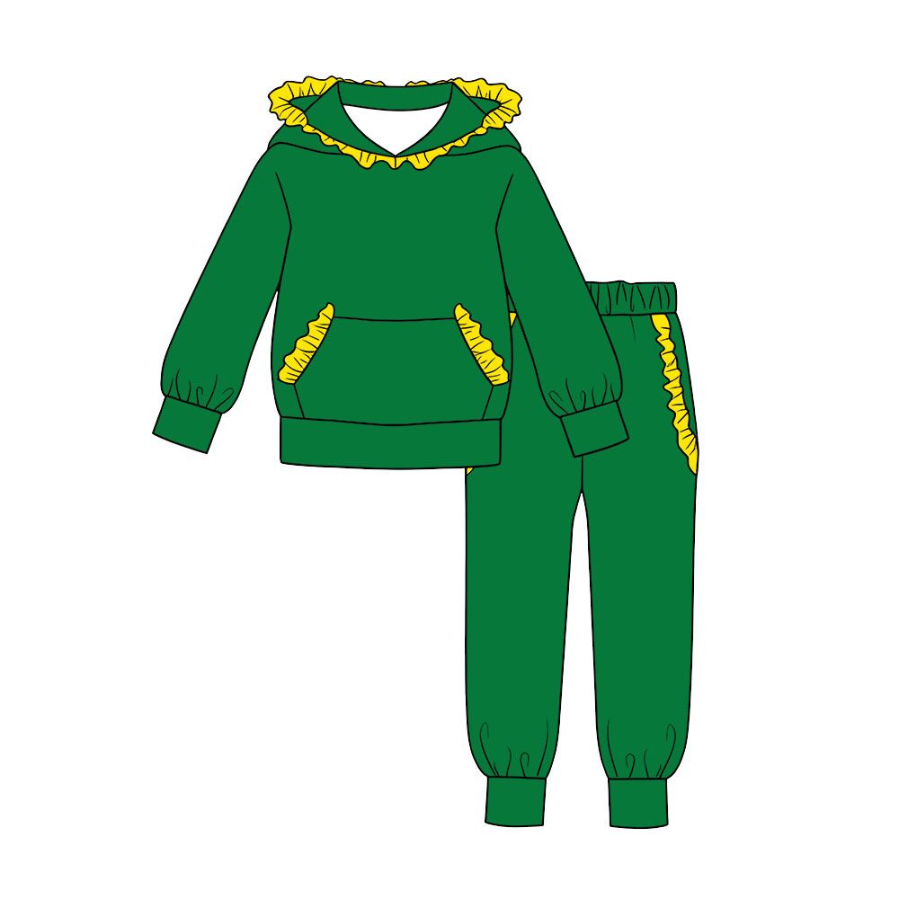 ( Moq 5 ) Preorder Baby Girls Kids Yellow Ruffle Hoodie Pullover Pockets Pants Green Set Cotton Clothes