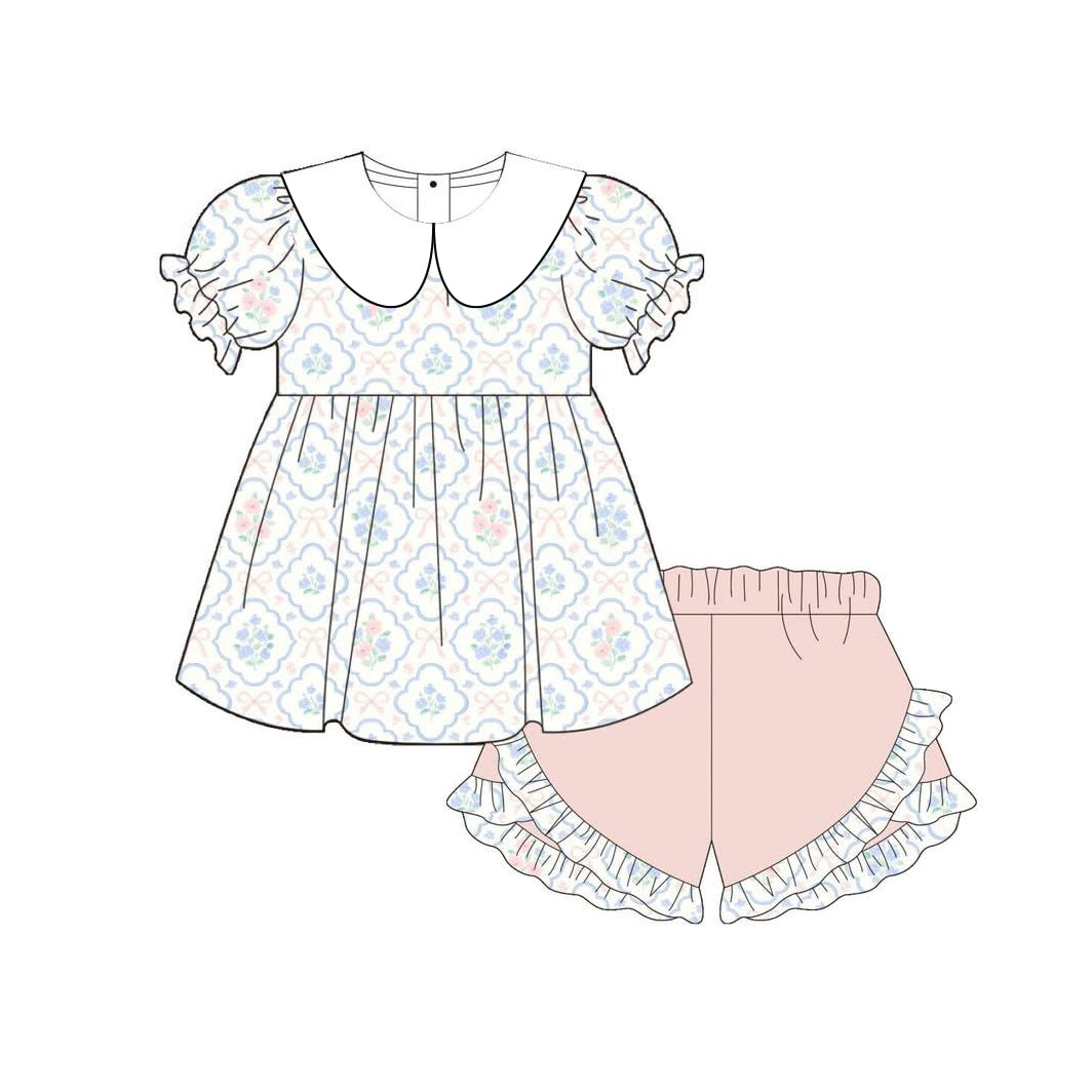 ( Moq 5 ) Preorder Baby Girl Kids Short Sleeves Floral Bows Tunic Ruffle Shorts Set Clothes