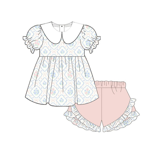 ( Moq 5 ) Preorder Baby Girl Kids Short Sleeves Floral Bows Tunic Ruffle Shorts Set Clothes