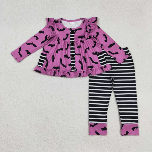 Baby Girl Long Sleeves Bats Pockets Tunic Stripes Pants Halloween Set RTS
