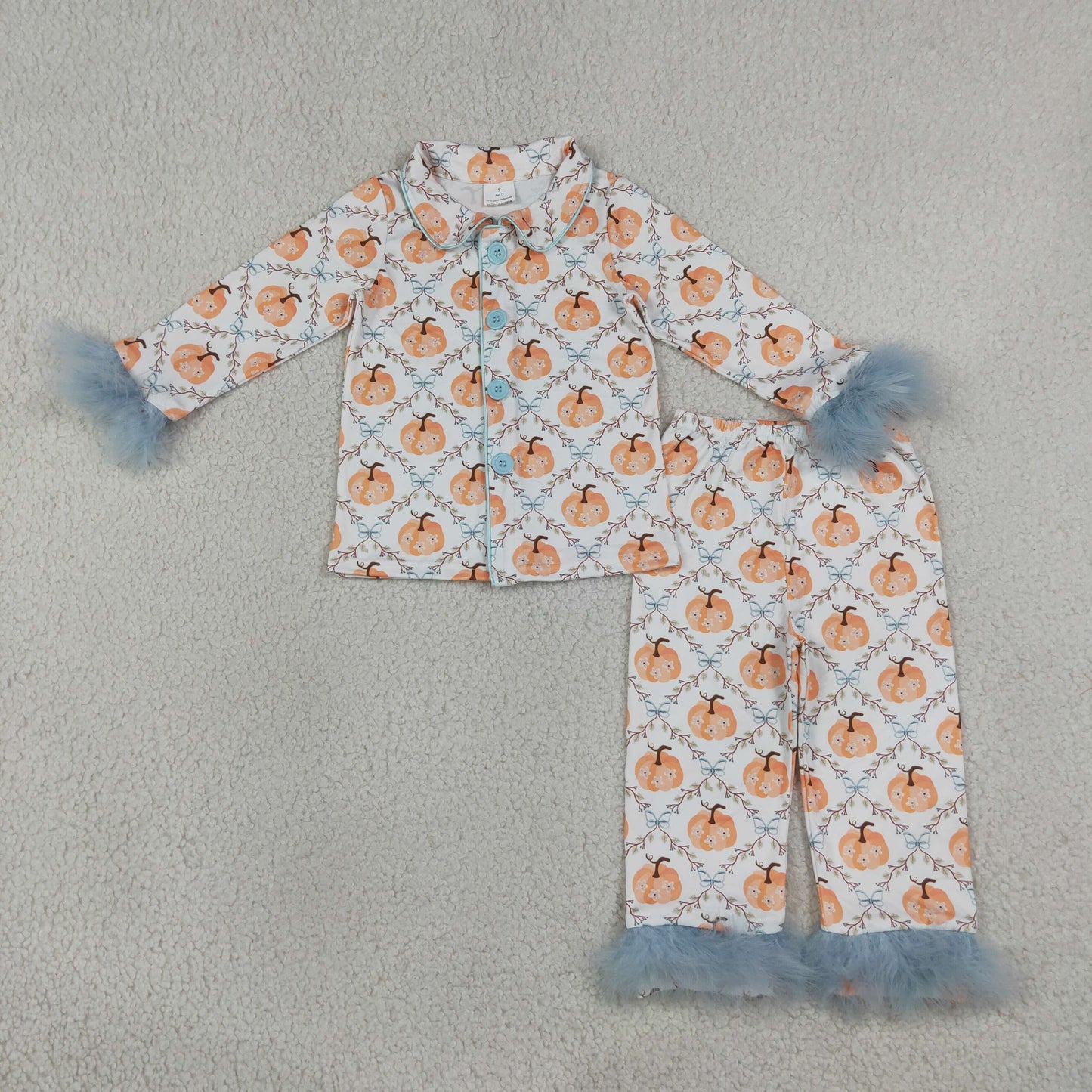 Baby Girls Kids Fur Long Sleeves Flower Pumpkins Buttons Shirt Pants Fall Pajamas Set Clothes RTS