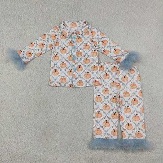 Baby Girls Kids Fur Long Sleeves Flower Pumpkins Buttons Shirt Pants Fall Pajamas Set Clothes RTS