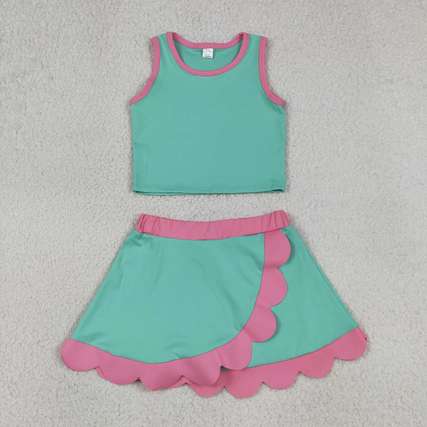 Baby Girls Kids Green Tops Scallop Skirt Shorts Yoga Active Set Summer Clothes RTS