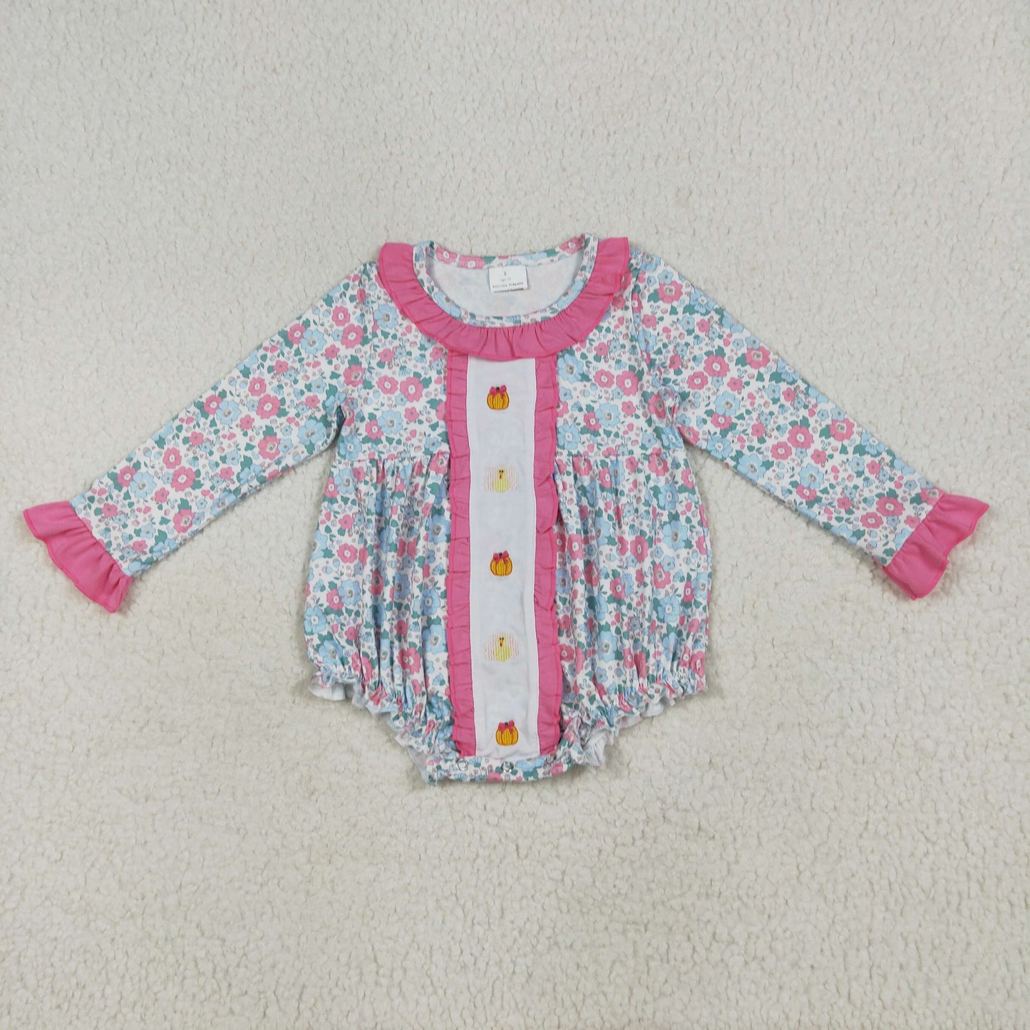 Baby Girl Long Sleeves Embroidery turkey Pumpkins Floral Thanksgiving Romper RTS