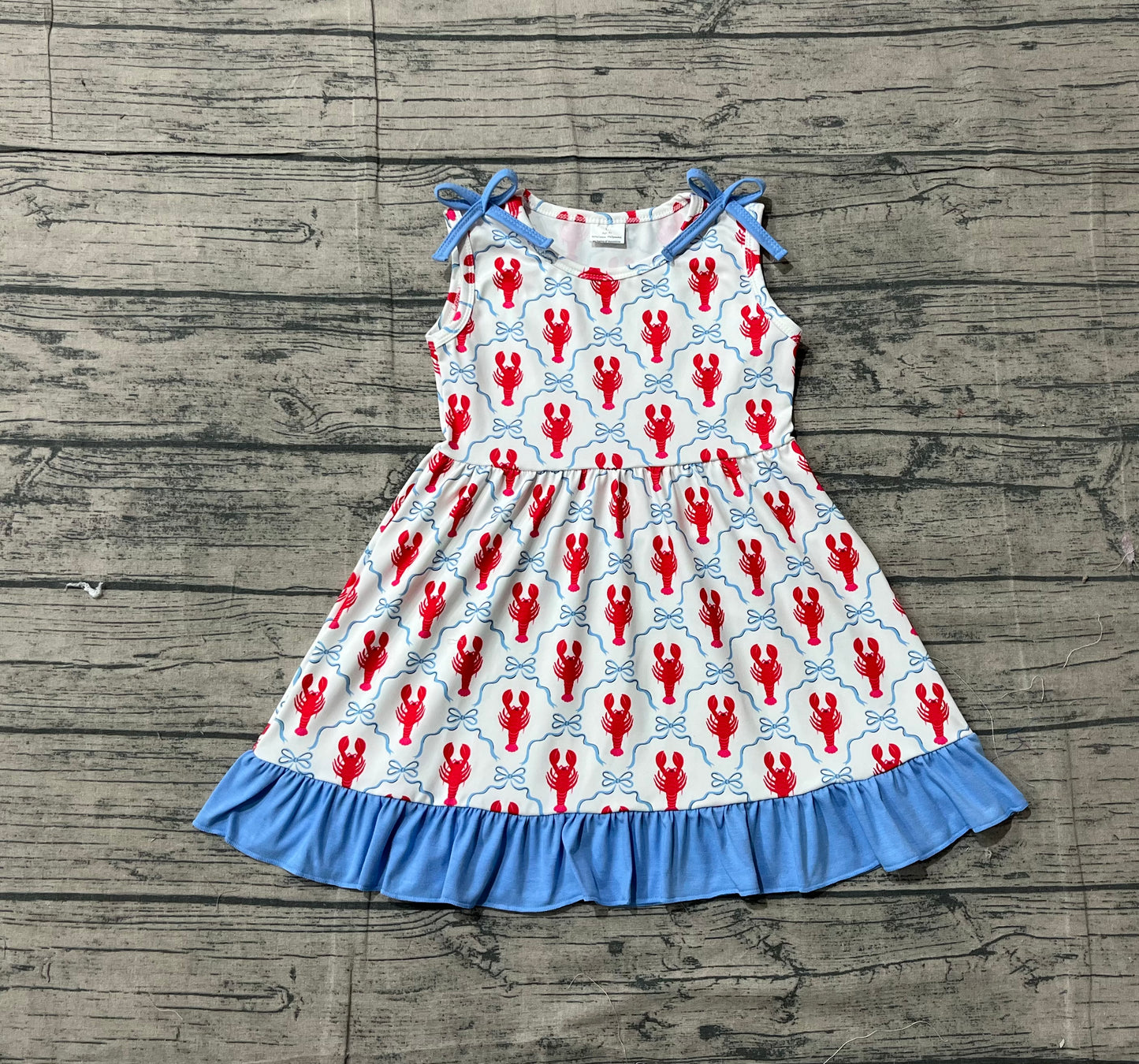 Baby Girls Toddler Sleeveless Crayfish Bows 4th of July Knee Length Dress RTS
