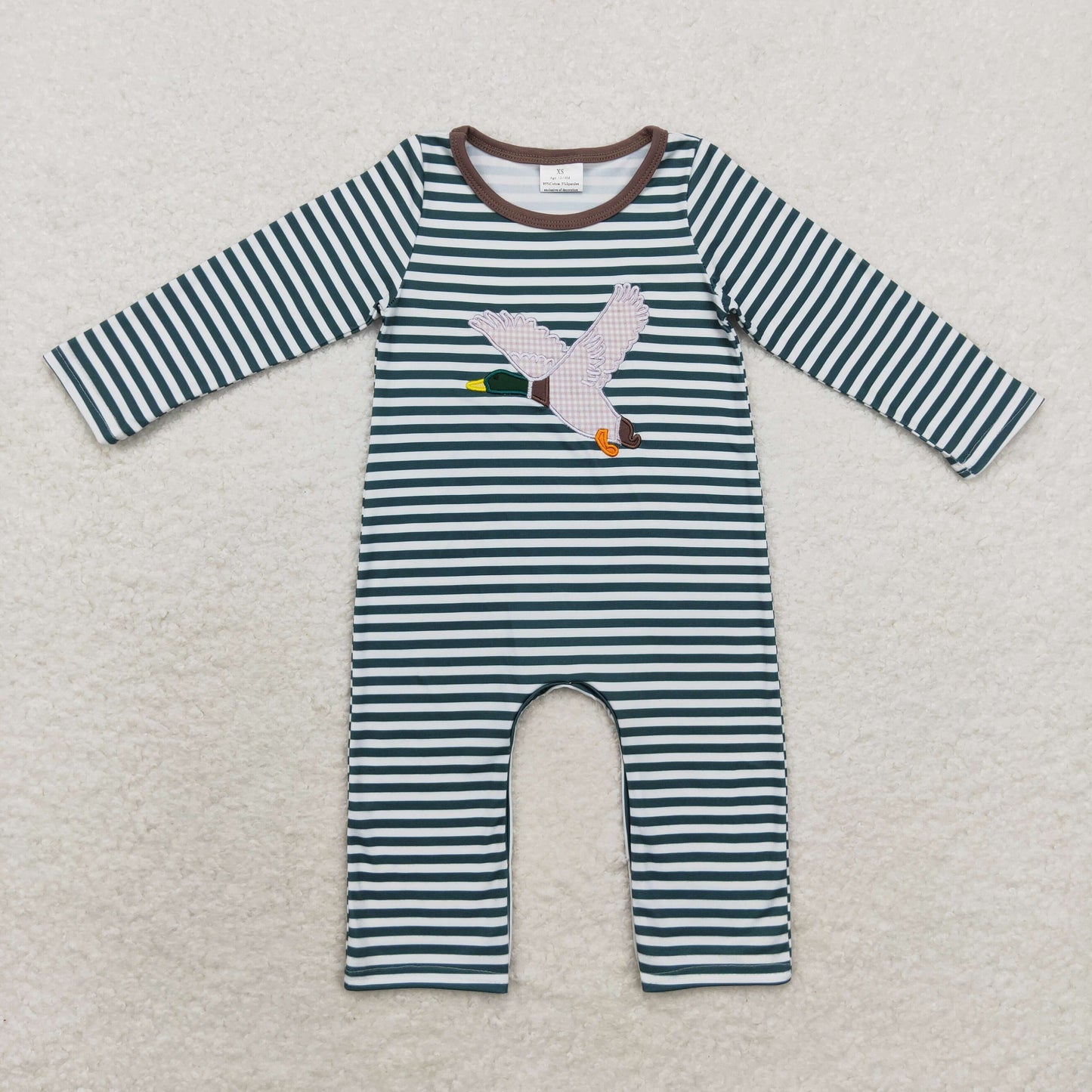 Baby Boy Long Sleeves Green Stripes Embroidery Duck Romper