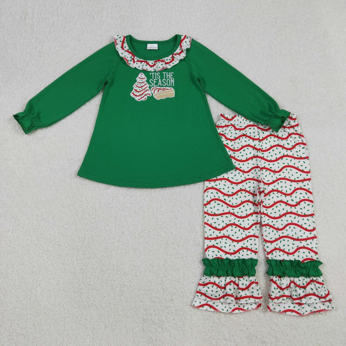 Baby Girl Long Sleeves Embroidery Cakes Green Tunic Ruffle Pants Christmas Set Clothes RTS