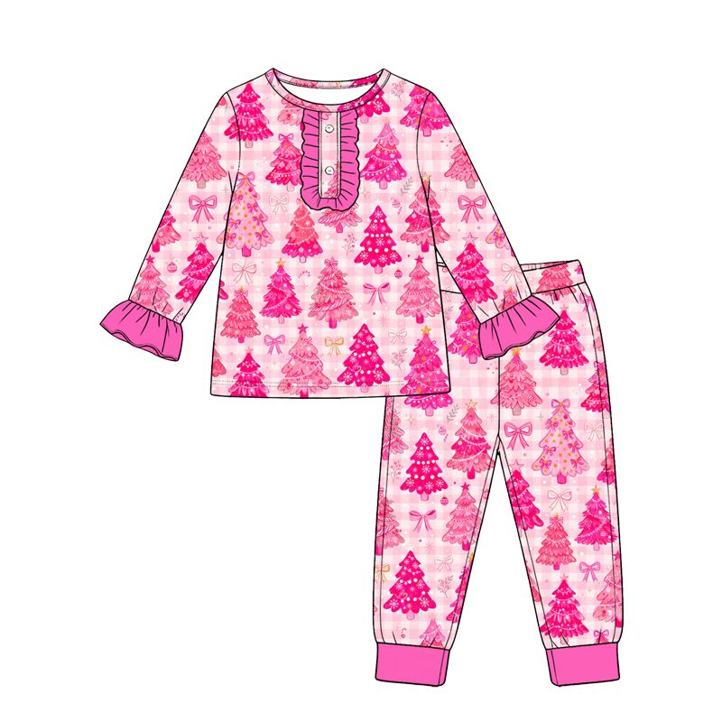 ( Moq 5 ) Preorder Baby Girls Kids Tree Bows Shirt Pants Pajamas Christmas Set Pink Clothes