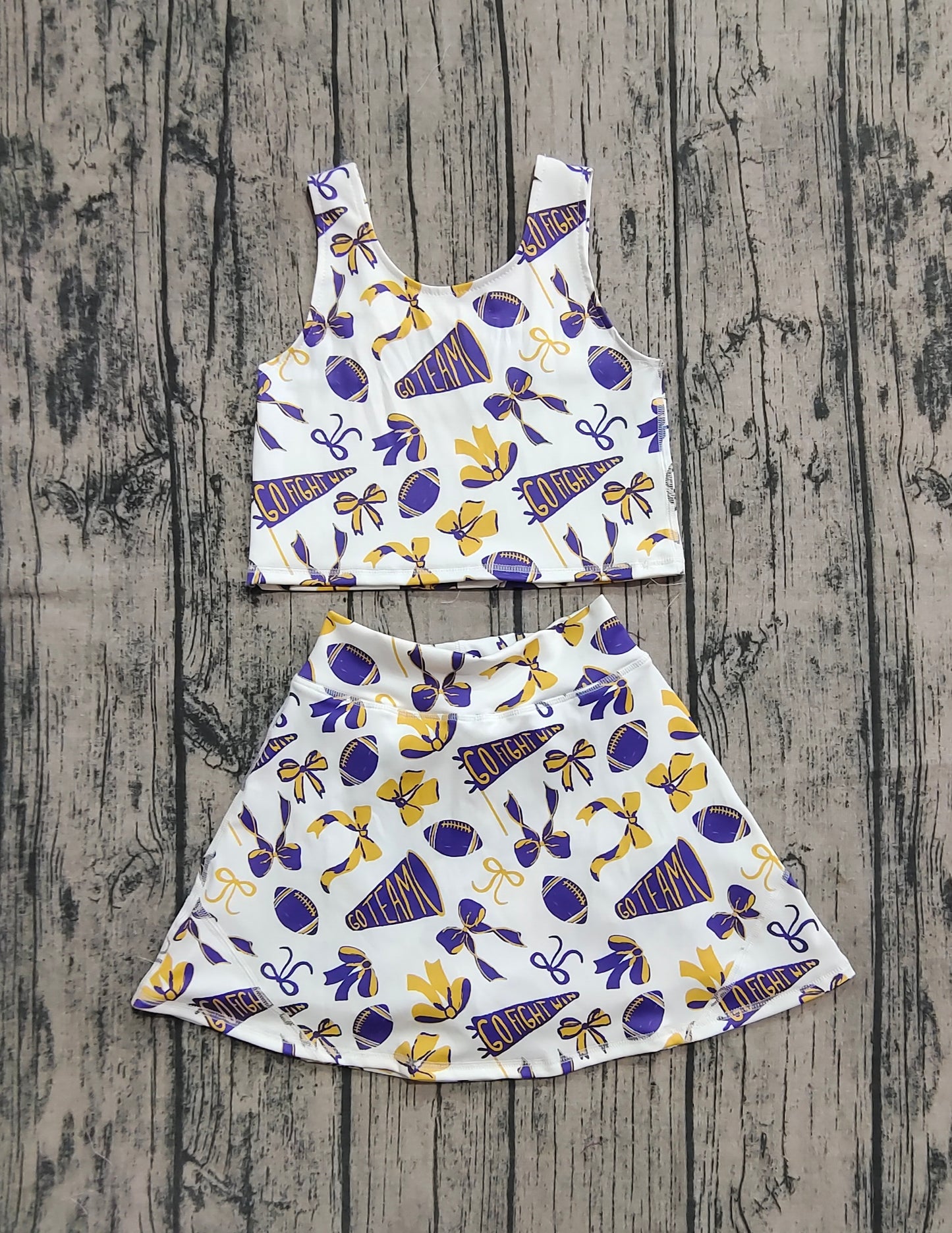 Baby Girl Shot Sleeves Purple Football Bows Cheer Tops Skort Team Yoga Active Set RTS