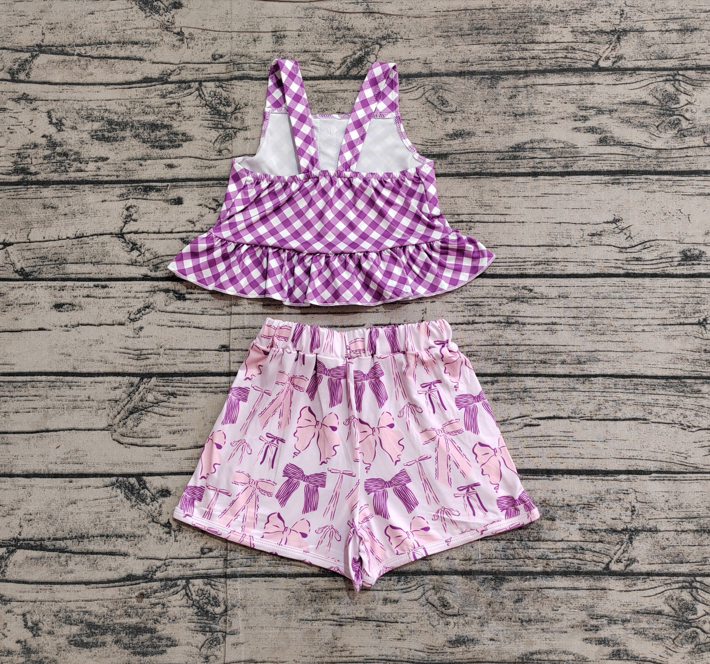 Baby Girl Straps Purple Checkered Tops Bows Shorts Clothes Set RTS