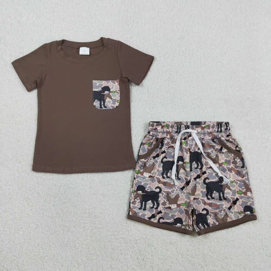 Baby Boys Kids Short Sleeves Pocket Shirt Dogs Ducks Camo Shorts Clothes Set RTS