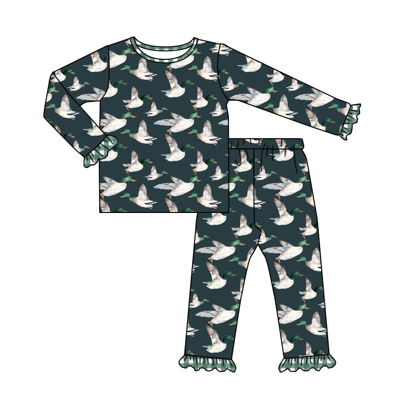 Moq 5 Baby Girls Duck Green Checkered Shirt Pants Pajamas Outfit