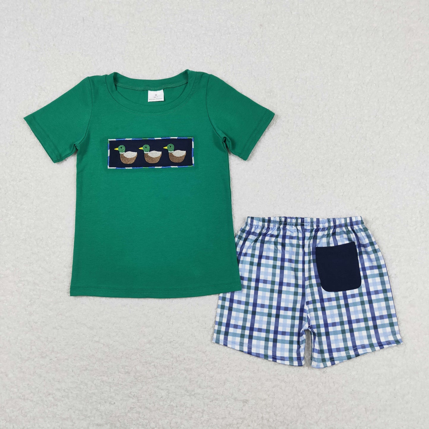 Baby Boy Short Sleeves Embroidery Ducks Green Shirt Plaid Shorts Set