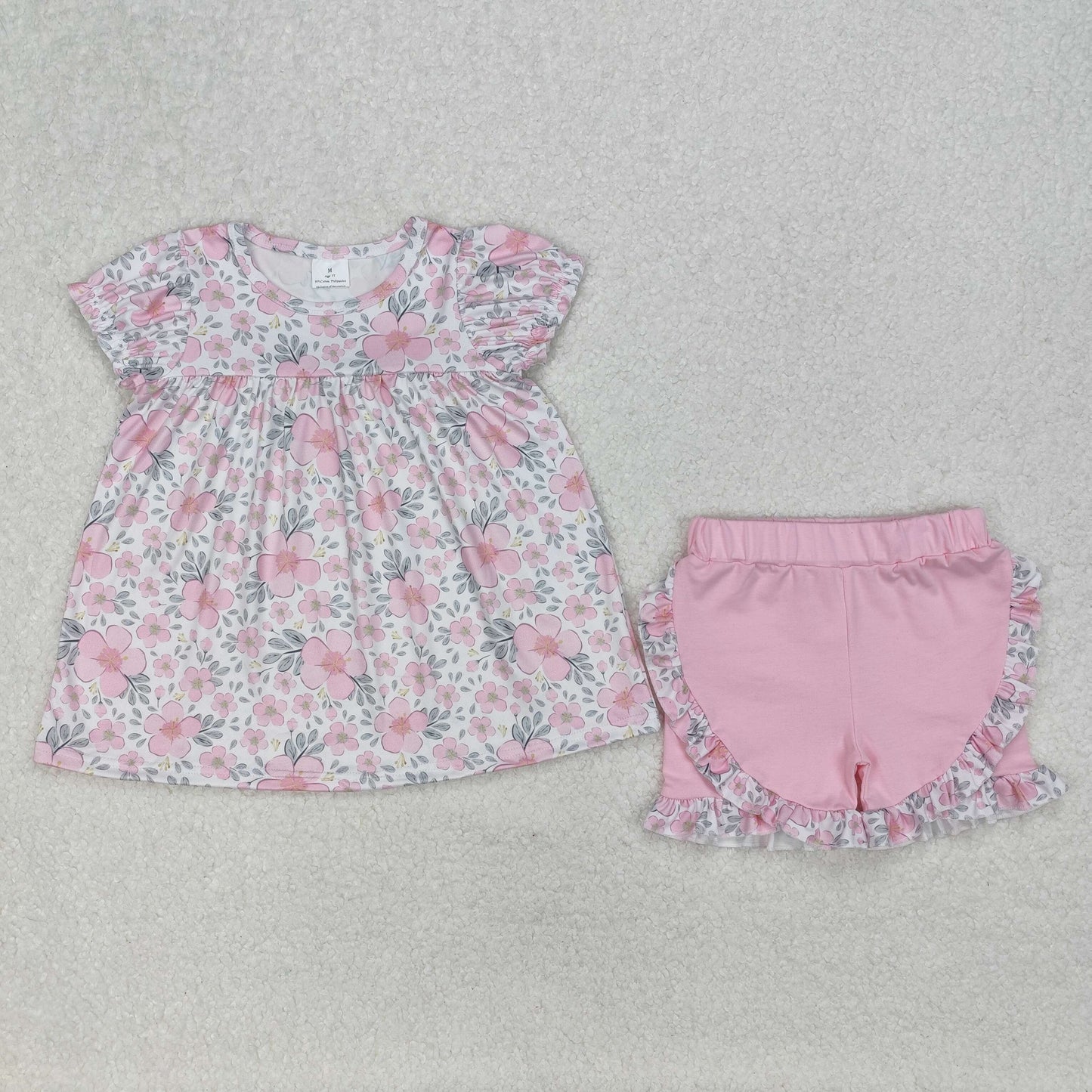 Baby Girl Short Sleeves Flower Tunic Pink Ruffle Shorts Clothes Set RTS