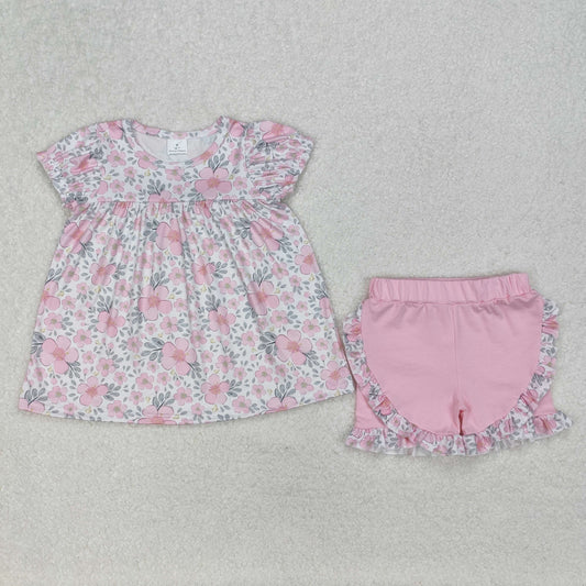 Baby Girl Short Sleeves Flower Tunic Pink Ruffle Shorts Clothes Set RTS