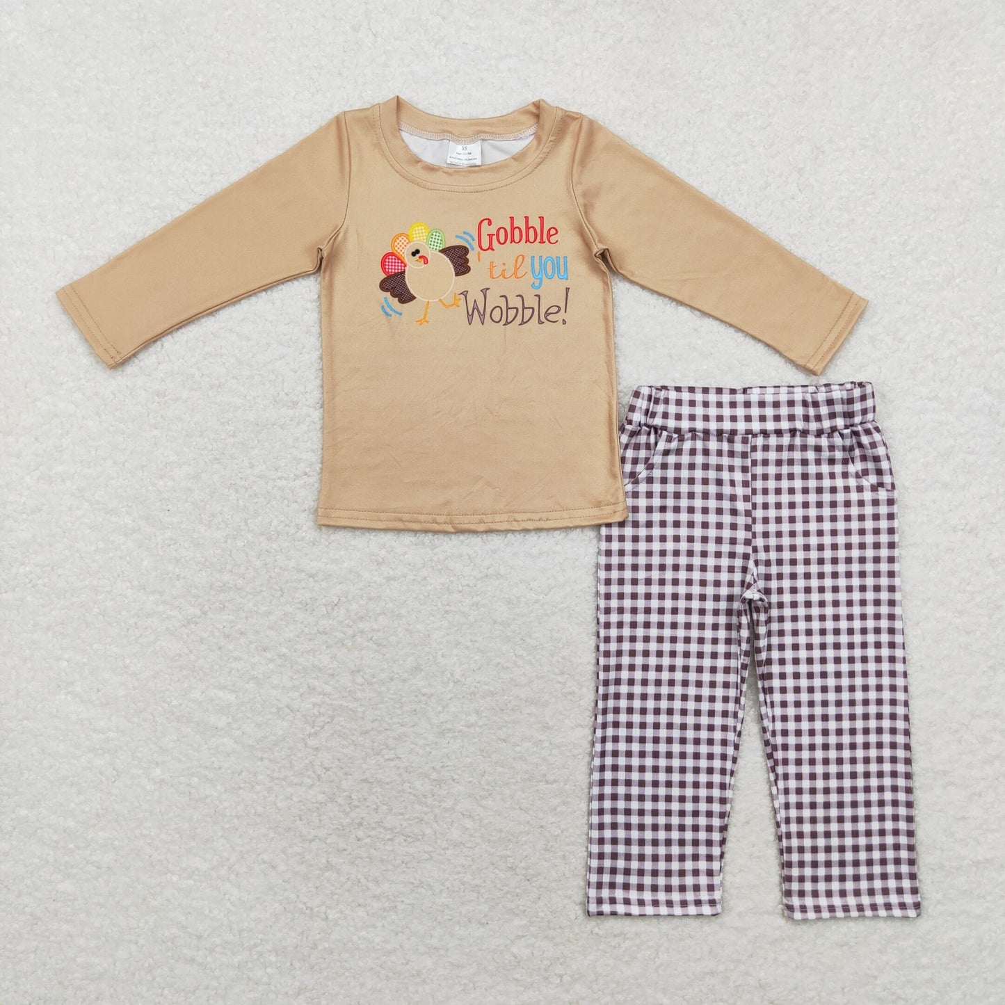 Baby Boy Thanksgiving Gobble Shirt Checkered Pants Set