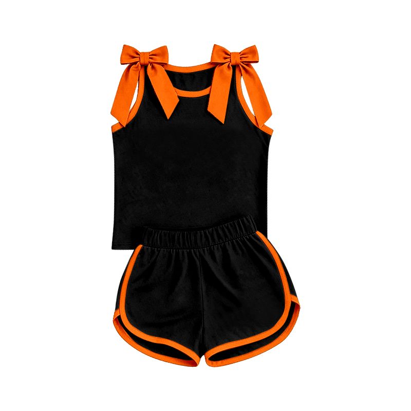 ( Moq 5 ) Preorder Baby Girls Kids Orange Bows Shirt Shorts Black Set Summer Clothes