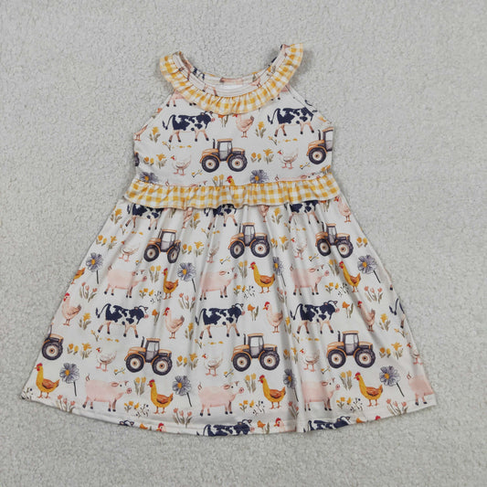 Baby Girls Kids Farm Animals Flower Plaid Ruffle Knee Length Dress RTS
