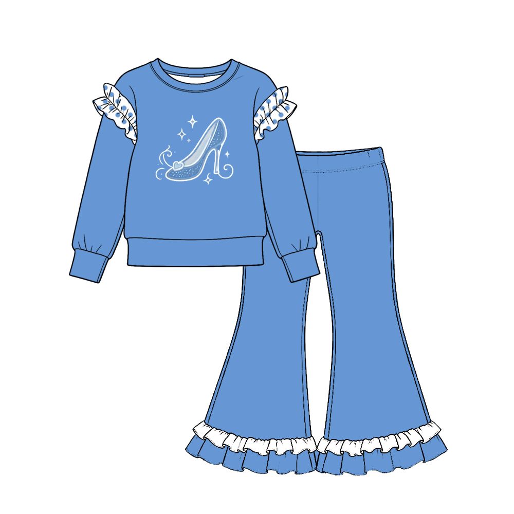 ( Moq 5 ) Preorder Baby Girls Kids Long Sleeves Shoes Shirt Ruffle Pants Set Blue Clothes