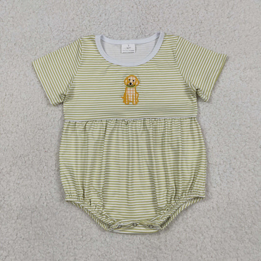 Baby Boys Infant Short Sleeves Embroidery Dog Green Stripes Bubble Romper Clothes RTS