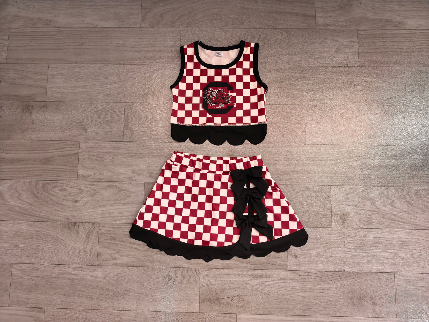 ( No moq ) Preorder Baby Girls Kids Chicken Checked Shirt Scallop Bows Skirt Shorts Team Set Yoga Active Clothes
