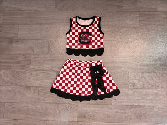 ( No moq ) Preorder Baby Girls Kids Chicken Checked Shirt Scallop Bows Skirt Shorts Team Set Yoga Active Clothes