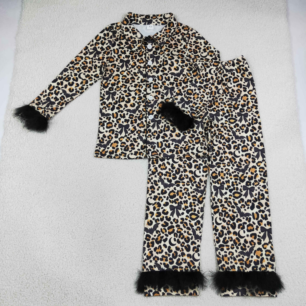 Adult Women Bats Bows Leopard Buttons Shirt Black Fur Pants Pajamas Halloween Set RTS