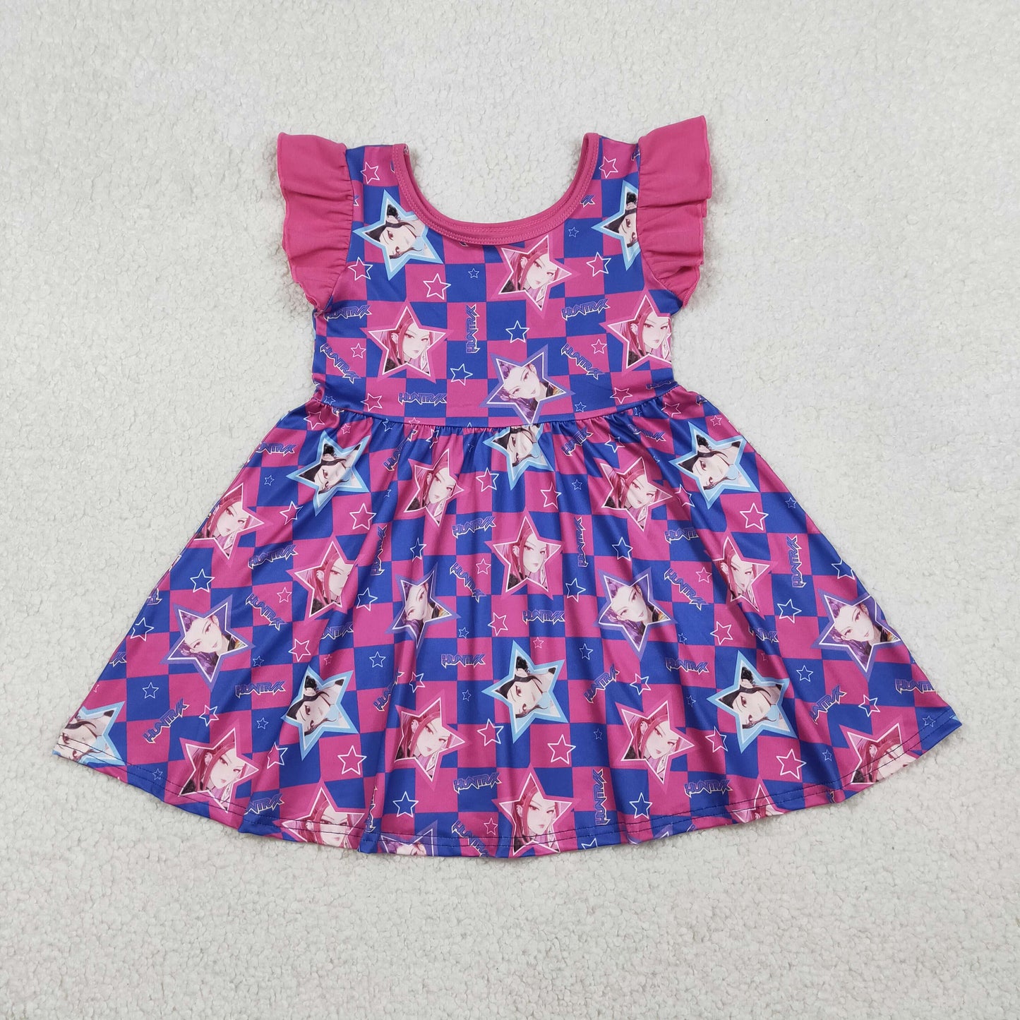 Baby Girls Pink Short Sleeves Music Character Checked Twirl Knee Length Dress RTS
