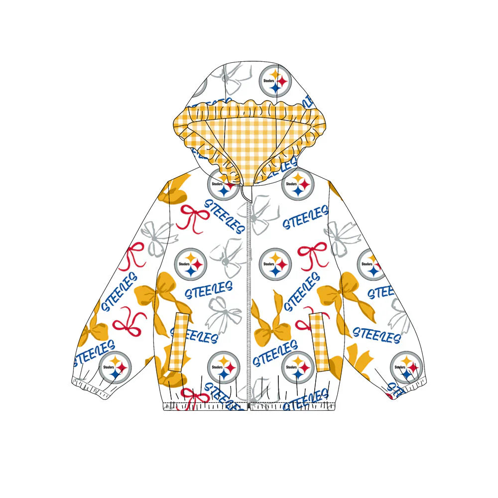 ( Moq 5 ) Baby Girls Kids Bows Cheer Pockets Orange Plaid Hoodie Zipper Team Jacket Tops