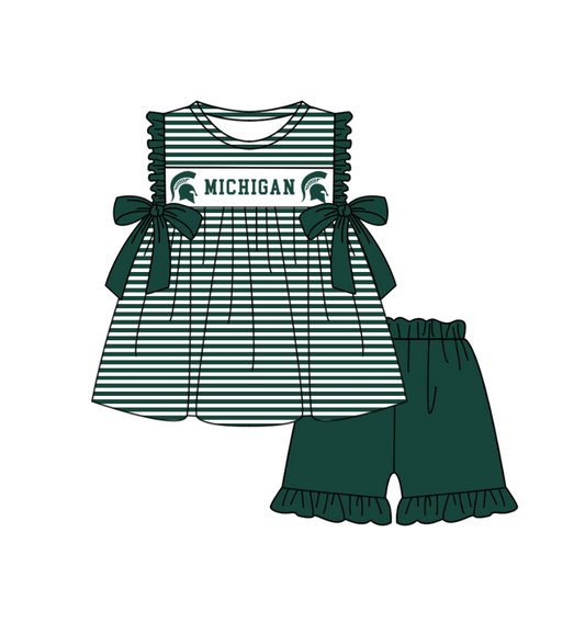 ( Moq 5 ) Baby Girls Toddler Short Sleeves Stripes Green Bows Tunic Shorts Team Set