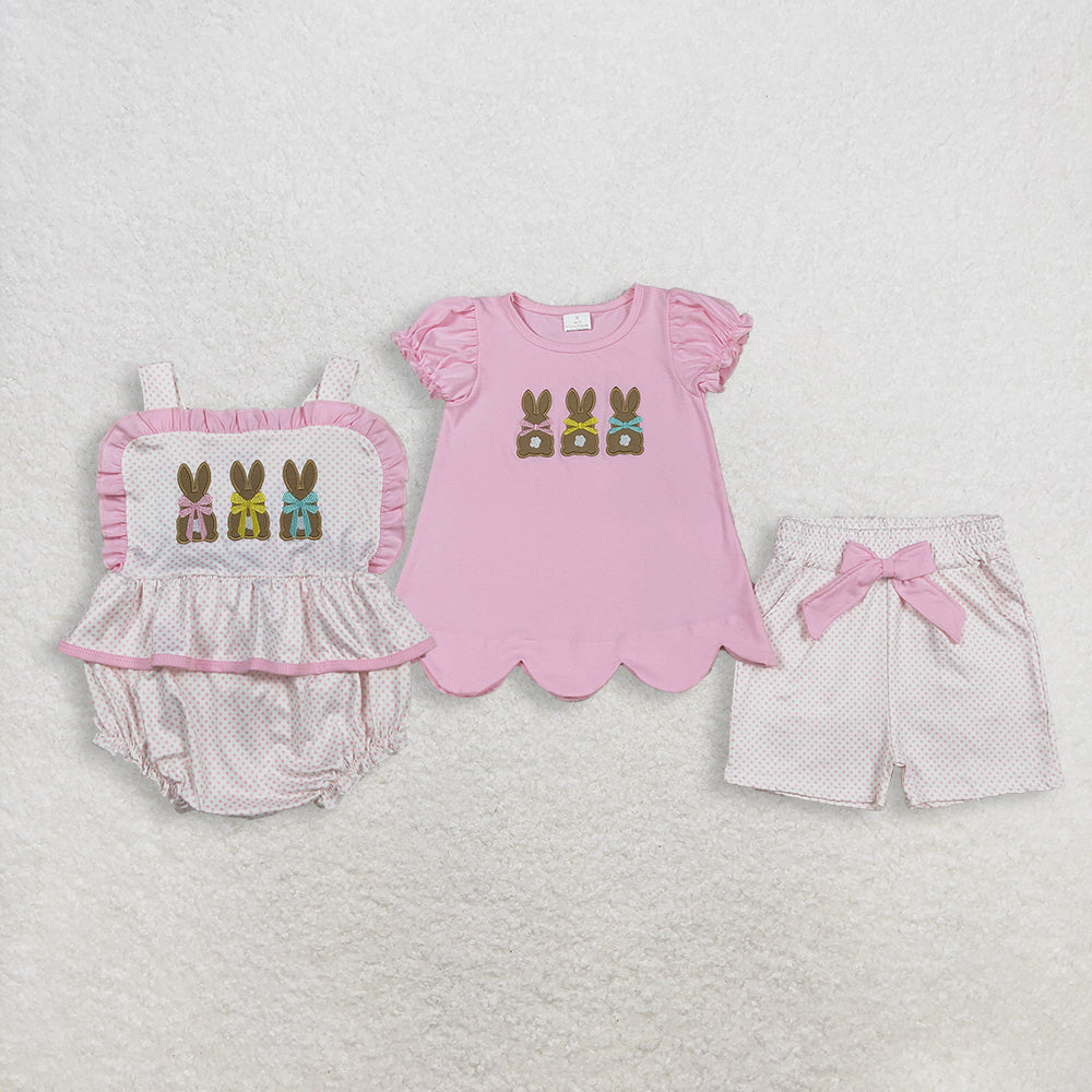 Sibling Baby Girls Kids Embroidery Rabbits Easter Pink Ruffle Romper Set RTS