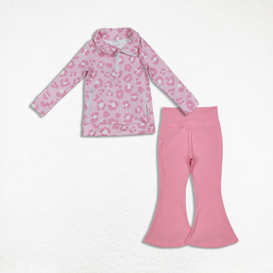 Kids Girls Long Sleeves Leopard Zipper Pockets Cardigan Pants Yoga Active Pink Set RTS