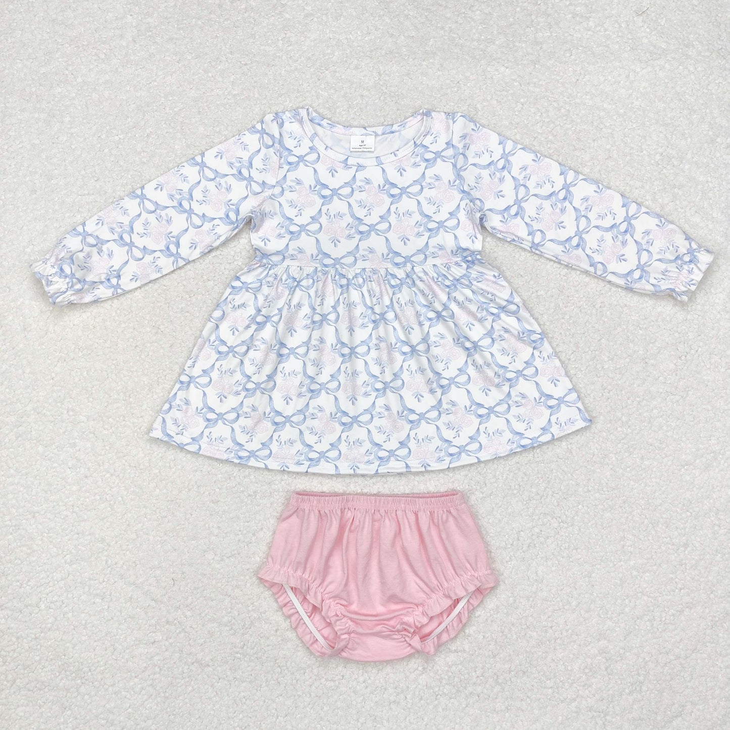 Baby Girl Long Sleeves Blue Bows Flower Tunic Bummie Set