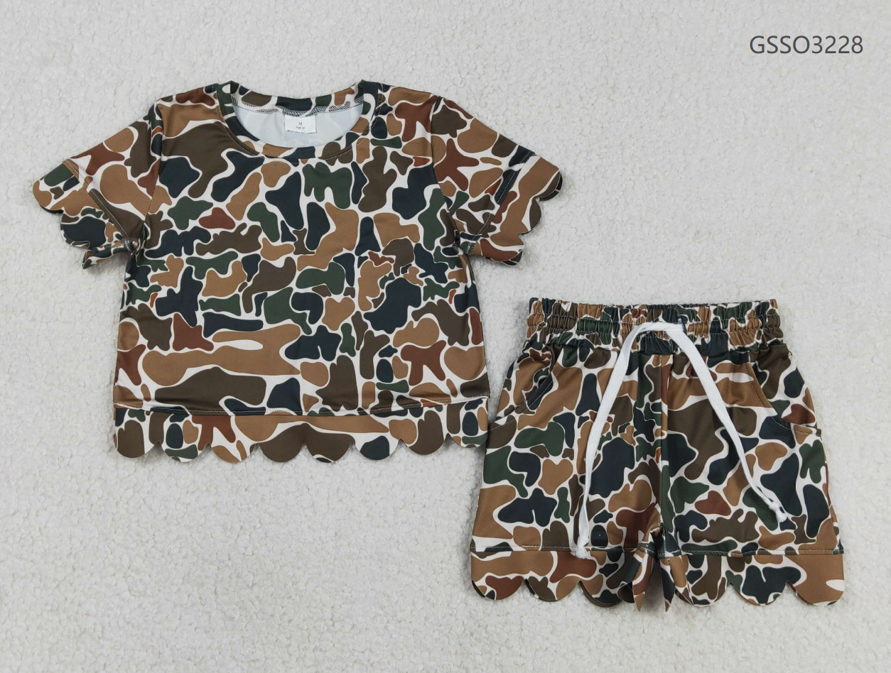 Baby Girls Short Sleeves Shirt Brown Green Camo Scallop Shorts Clothes Set RTS
