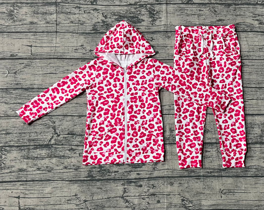 ( No moq ) Preorder Girls Kids Pink Leopard Hoodie Zipper Shirt Pockets Pants Clothes Set