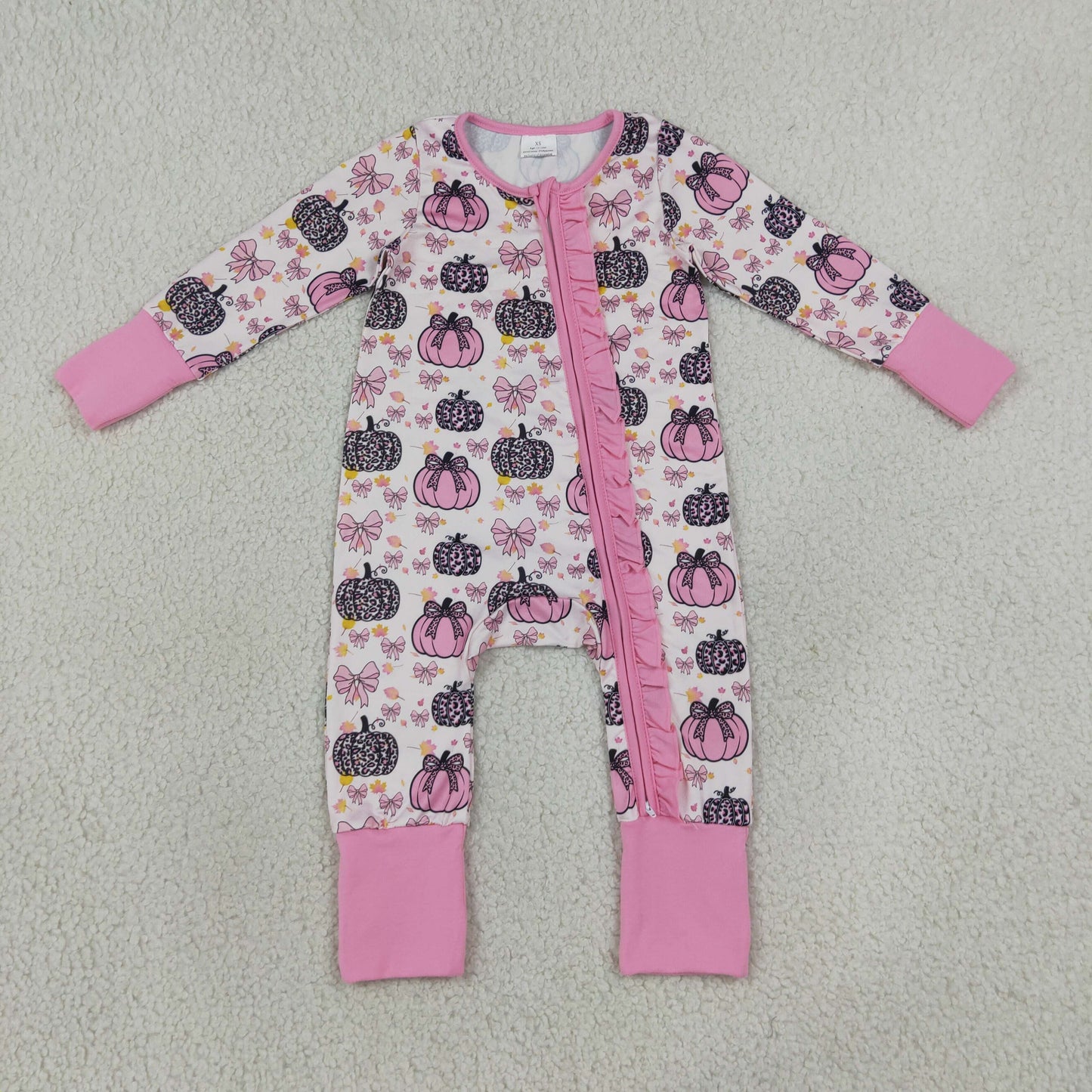 Baby Girls Infant Long Sleeves Pumpkins Bows Pink Ruffle Zipper Romper Fall Clothes RTS